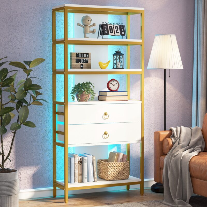 Bookshelf, 5-Tier Bookcase with 2 Drawers & LED Light - Image 3