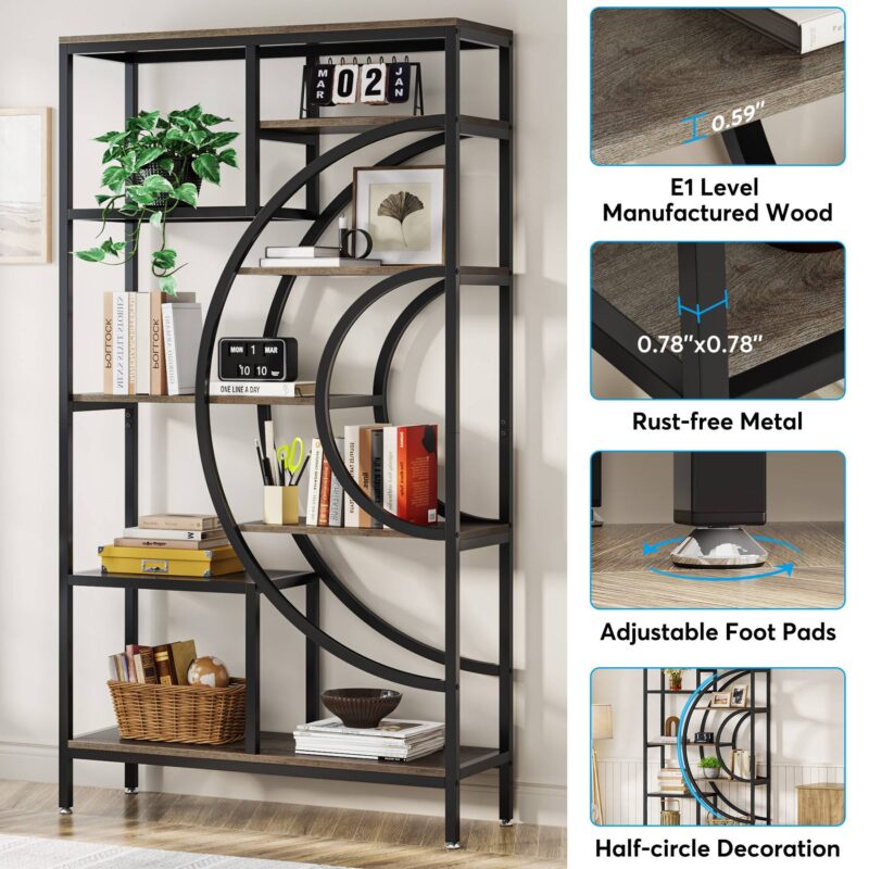 Bookshelf, 71" Geometric Bookcase, Industrial 8-Tiers Etagere Shelving Unit - Image 6