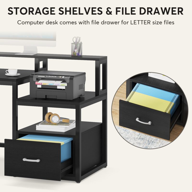 Computer Desk, 60" Desk with File Drawer and Shelves - Image 4
