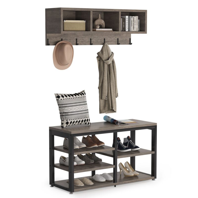 Coat Rack Shoe Bench Set, Hall Tree with Wall Mounted Shelf - Image 10