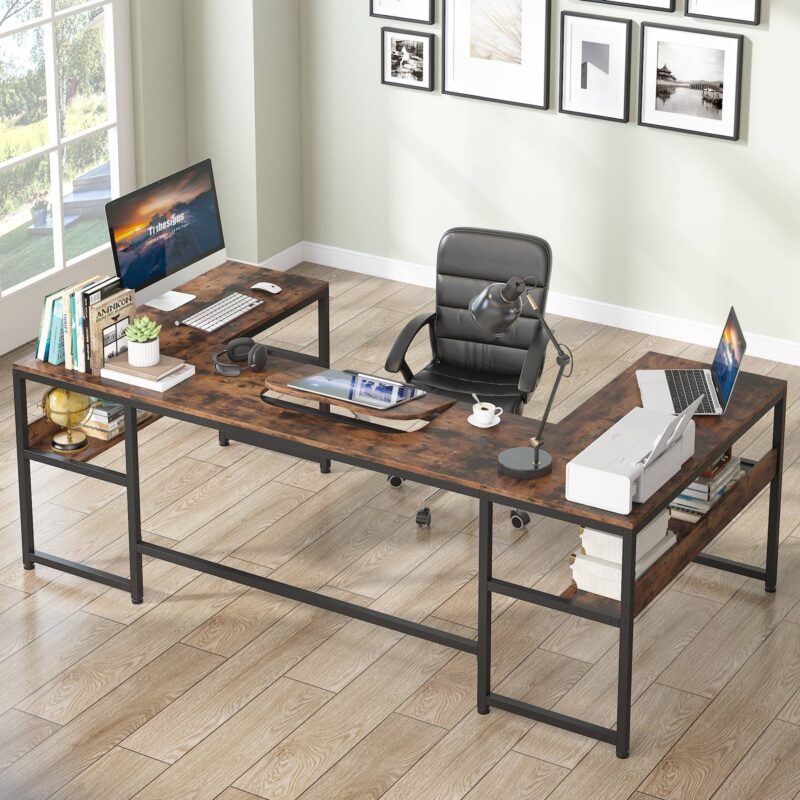 U-Shaped Desk with Bookshelf and Tiltable Drawing Board