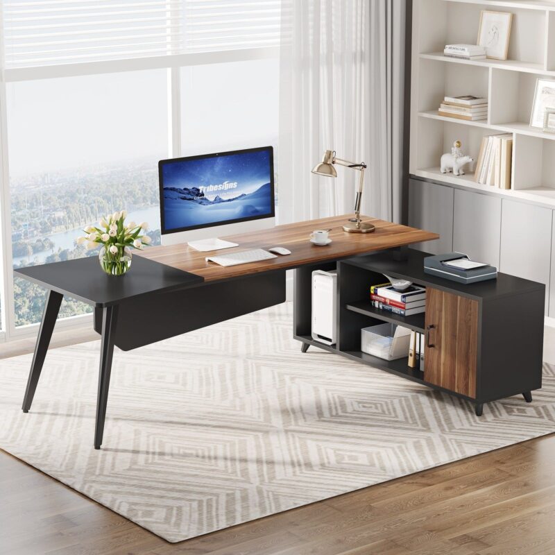 L-Shaped Desk, 78.74 Inch Executive Office Desk with File Cabinet