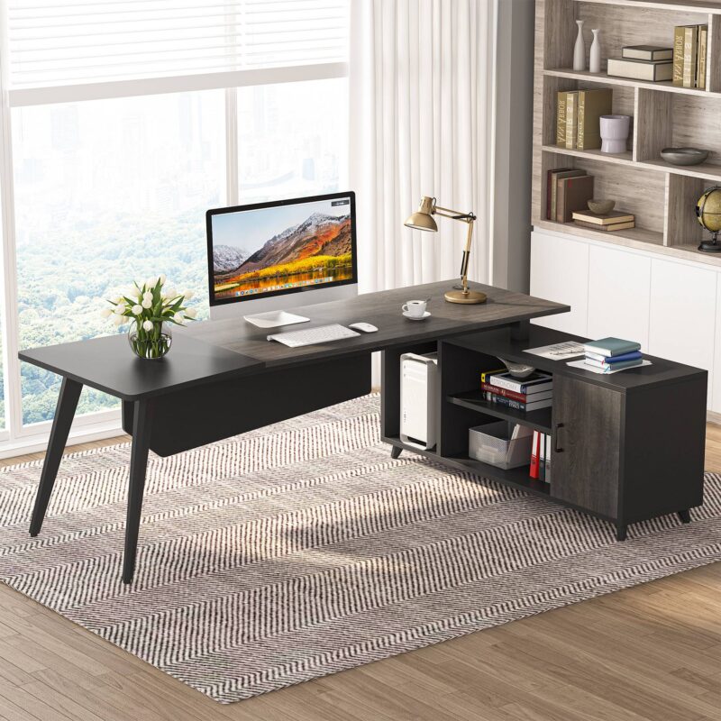 L-Shaped Desk, 78.74 Inch Executive Office Desk with File Cabinet - Image 7