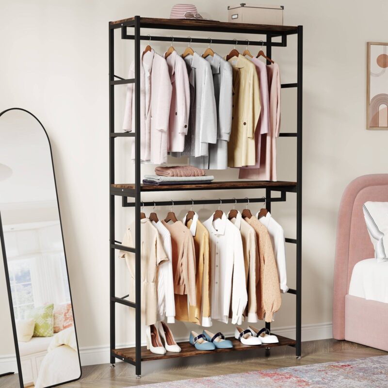 Freestanding Closet Organizer, 86" Garment Rack with Shelves & Hanging Rods