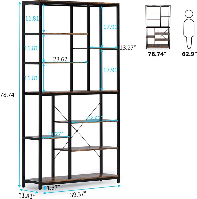 Bookshelf, 79 inches Tall Etagere, 8-Tier Staggered Bookcase - Image 8