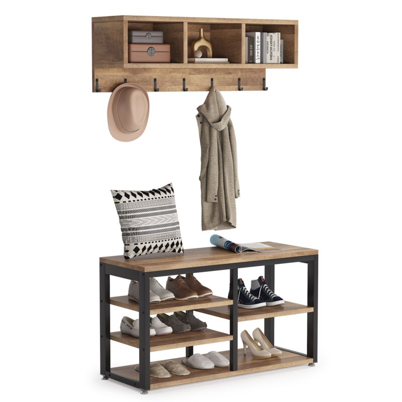 Coat Rack Shoe Bench Set, Hall Tree with Wall Mounted Shelf - Image 8
