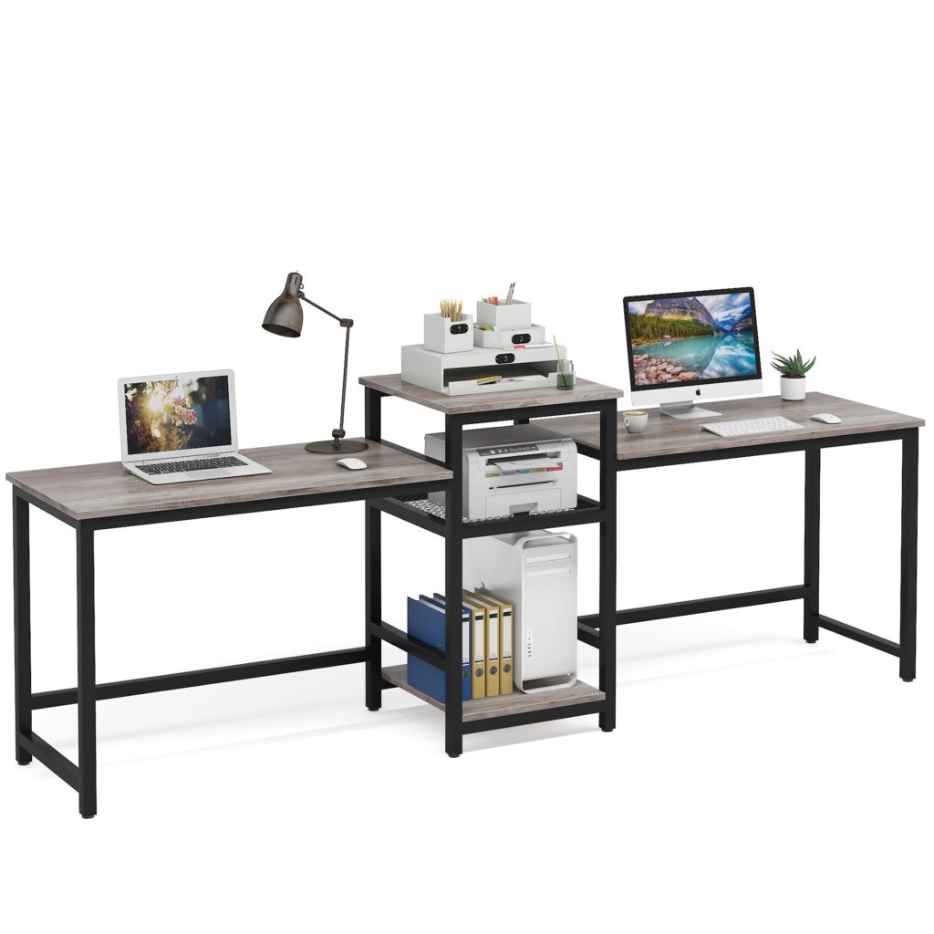 Two Person Desk, 246 CM Double Computer Desk with Storage Shelves ...