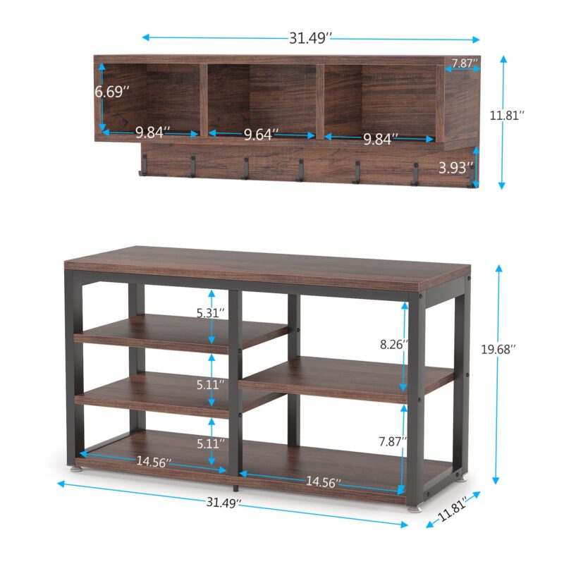 Coat Rack Shoe Bench Set, Hall Tree with Wall Mounted Shelf - Image 7