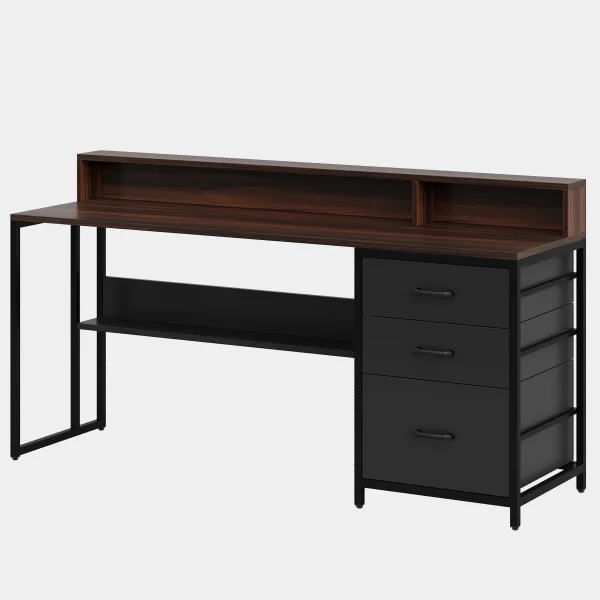 61″ Computer Desk Study Writing Table with File Drawers & Monitor Stand ...
