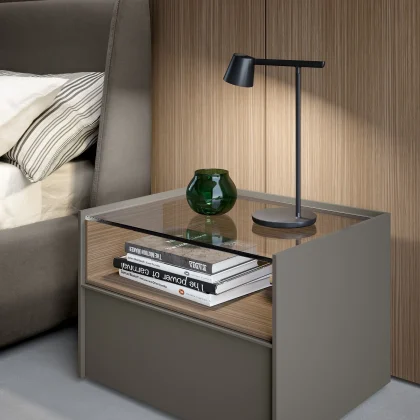 Modern Bedside Table with Glass Top, Wooden , Storage Shelf, Dark Brown