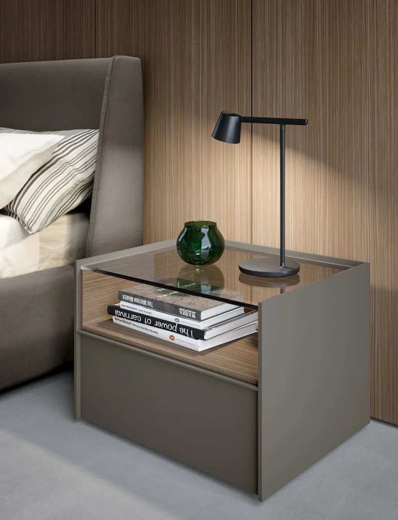 Modern Bedside Table with Glass Top, Wooden , Storage Shelf, Dark Brown
